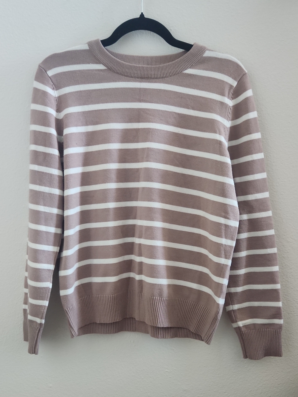 Women's Taupe and White Striped Crewneck Sweater